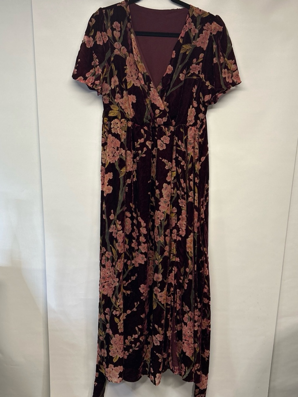 Velvet Floral Wrap Maxi Dress in Burgundy with Pink Blooms